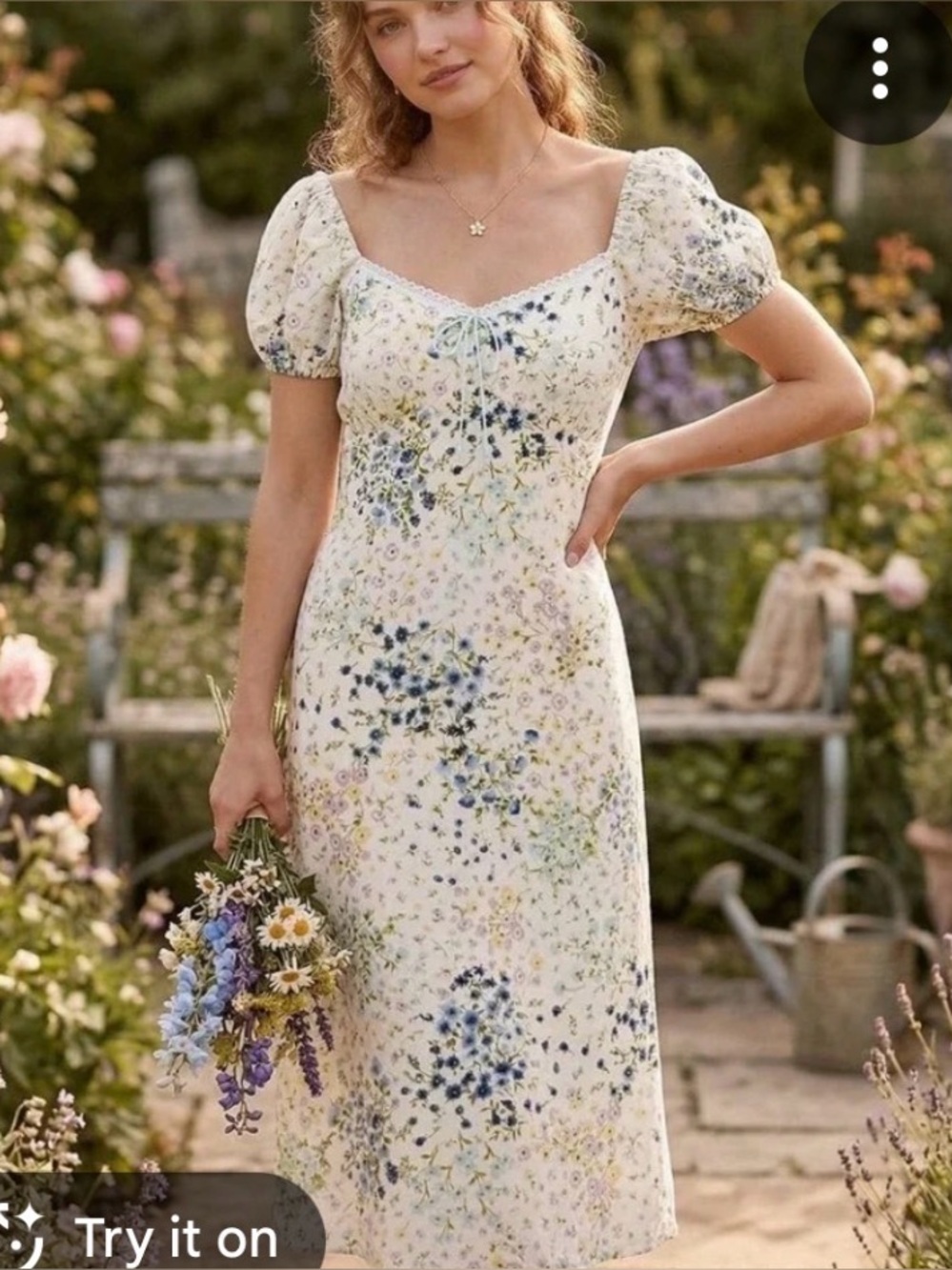 Monteau Los Angeles Cream Floral Puff-Sleeve Midi Bow Dress